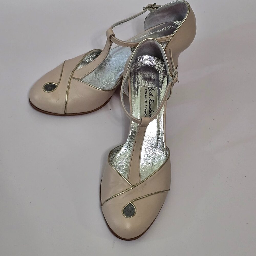 Swing Dance Shoes Vintage Inspired, Leather Sole, Blush Pink and Gold - Size 8.5